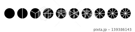 Infographic minimalist icons set. Coaching blank mockup. Circle division on 1 2 3 4 5 6 7 8 9 10 black equal parts. Pizza, pie chart layout. Wheel round divided diagrams from one to ten segments Infographic minimalist icons set. Coaching blank mockup. Circle division on 1 2 3 4 5 6 7 8 9 10 black equal parts. Pizza, pie chart layout. Wheel round divided diagrams from one to ten segments 139386143