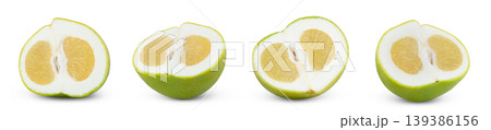 Halves of pomelit, pomelo, sweetie grapefruit or oroblanco citrus fruit collection isolated. Halves of pomelit, pomelo, sweetie grapefruit or oroblanco citrus fruit collection isolated. 139386156