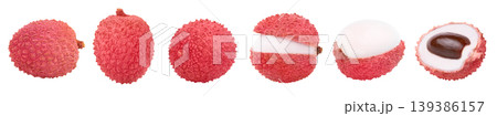 Fresh red or pink lychees without shadow collection. Whole lychee, open lychee, peeled half of lychee and cut in a half of lychee with seed isolated. Fresh red or pink lychees without shadow collection. Whole lychee, open lychee, peeled half of lychee and cut in a half of lychee with seed isolated. 139386157