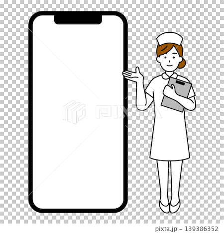 一部螢幕空白的大尺寸智慧型手機和一位女護士 139386352