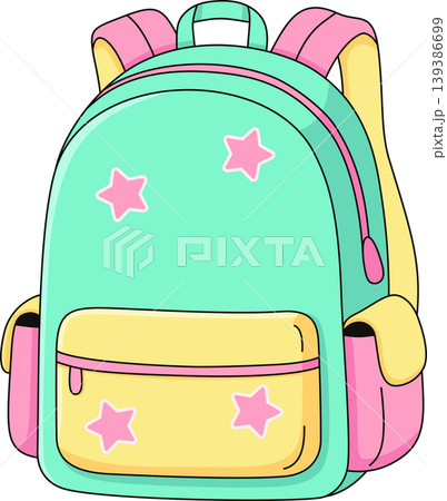Cute Pastel School Backpack Illustration, Mint Green and Pink Rucksack with Star Pattern, Kids Bag Design Element Isolated  139386699