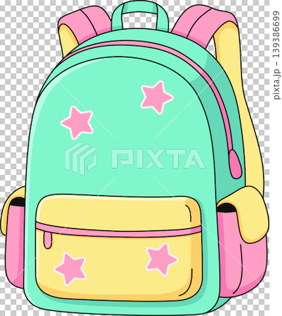 Cute Pastel School Backpack Illustration, Mint Green and Pink Rucksack with Star Pattern, Kids Bag Design Element Isolated  139386699
