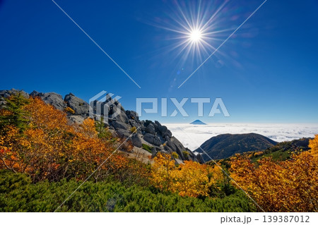 紅葉の南アルプス・鳳凰三山・薬師岳から見る富士山 紅葉の南アルプス・鳳凰三山・薬師岳から見る富士山 139387012