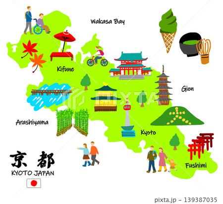京都旅行、手描きの観光スポットと観光客フラットイラスト 139387035