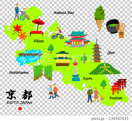 京都旅行、手描きの観光スポットと観光客フラットイラスト 139387035