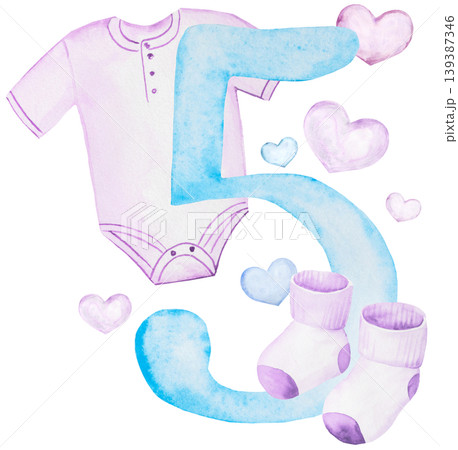 Watercolor light blue number five with pastel baby clothes and hearts for monthly milestone cards Watercolor light blue number five with pastel baby clothes and hearts for monthly milestone cards 139387346