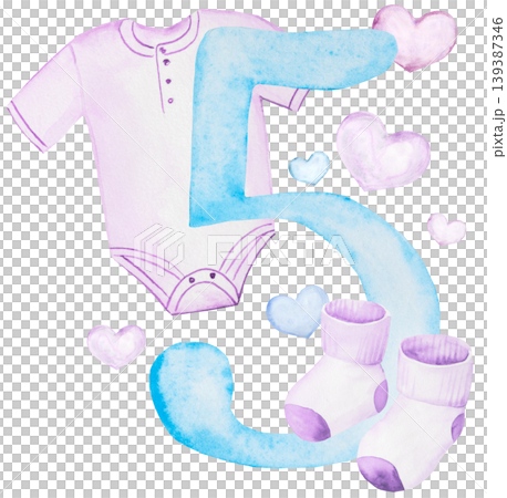 Watercolor light blue number five with pastel baby clothes and hearts for monthly milestone cards Watercolor light blue number five with pastel baby clothes and hearts for monthly milestone cards 139387346