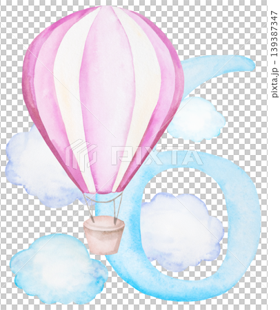 Watercolor light blue number six with pink hot air balloon and clouds for monthly milestone cards 139387347