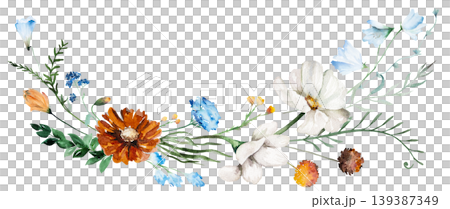 Watercolor bouquet with blue, ivory and orange wildflowers, rustic isolated illustration for stationery Watercolor bouquet with blue, ivory and orange wildflowers, rustic isolated illustration for stationery 139387349