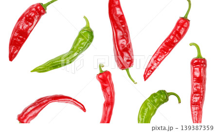 Red and green chili peppers isolated on white background, hot spicy food concept. 139387359