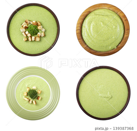Broccoli cream soup isolated on white background, green puree soup set Broccoli cream soup isolated on white background, green puree soup set 139387368