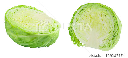Fresh cabbage cut in half isolated on white background, green cabbage close up Fresh cabbage cut in half isolated on white background, green cabbage close up 139387374