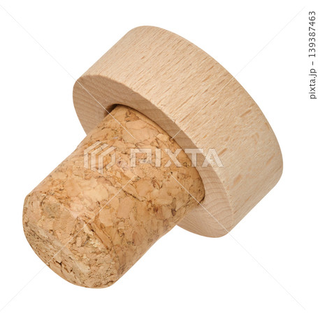 Wooden lid with natural cork for bottle on isolated background Wooden lid with natural cork for bottle on isolated background 139387463