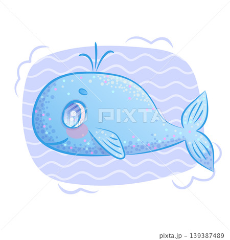 Cute cartoon blue whale spewing water on a blue background. Cartoon children's vector illustration for the design of postcards, postcards for printing, textiles, stickers 139387489