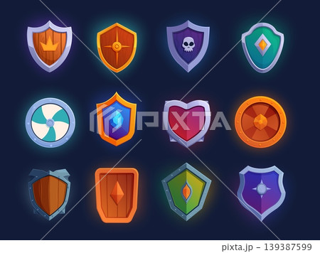 Game shields icons. Golden silver wooden shield for medieval fantasy play, rpg elements. Safety weapon for warriors with magical stones, assets, sapid vector set 139387599