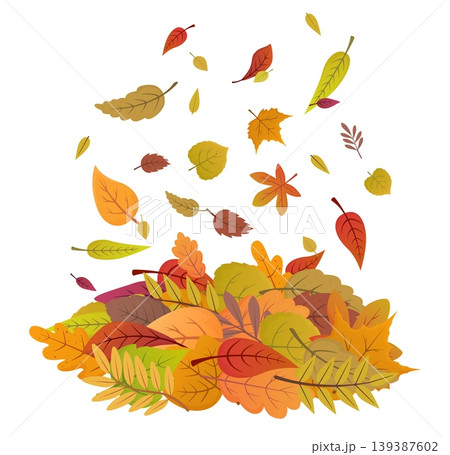 Colorful falling leaves pile. Cartoon autumn leaf, bright fall style carpet. Orange green yellow red brown foliage elements, nature, botanical, sapid vector scene Colorful falling leaves pile. Cartoon autumn leaf, bright fall style carpet. Orange green yellow red brown foliage elements, nature, botanical, sapid vector scene 139387602