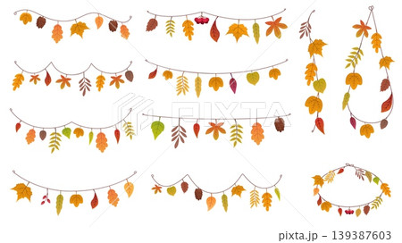 Autumn leaves garlands. Seasonal fall holidays decorations. Dried leaf hanging on rope. Tree elements ornaments, nature decora design, sapid vector set Autumn leaves garlands. Seasonal fall holidays decorations. Dried leaf hanging on rope. Tree elements ornaments, nature decora design, sapid vector set 139387603
