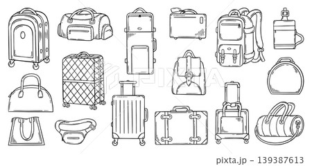 Doodle travel bags. Backpack, handbag, big and small suitcases. Bag for tourism, leisure, job journey in airplane, bus, car or train, neoteric vector set 139387613