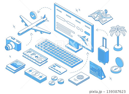 Online booking. Buying ticket in app with credit card. Travel documents, airplane, map and photo camera. Preparing for trip, vacations, nifty vector scene Online booking. Buying ticket in app with credit card. Travel documents, airplane, map and photo camera. Preparing for trip, vacations, nifty vector scene 139387623