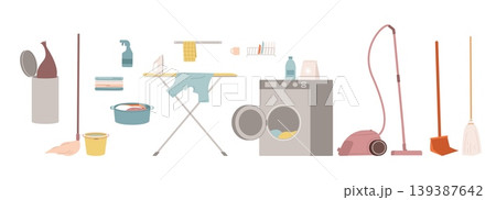 Household elements. Isolated cartoon iron, laundry in washing basin, vacuum cleaner. Washer machine with detergent bottle, broom and bucket with water, vector set Household elements. Isolated cartoon iron, laundry in washing basin, vacuum cleaner. Washer machine with detergent bottle, broom and bucket with water, vector set 139387642