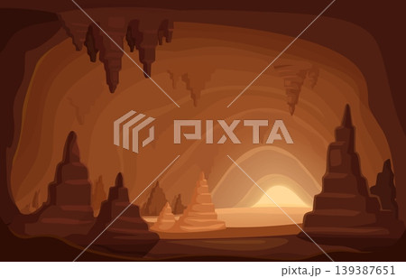 Underground stalactites cave. Mountain tunnel with sand or stone outgrowths. Rock stalagmites, limestone, volcanic rocks. Nature illustrations, sapid vector scene 139387651