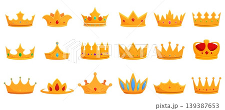 Cartoon diadem and crown. King queen head decorations with gemstones. Isolated golden crowns tiaras, monarch jewelry symbols. Royal sapid vector clipart Cartoon diadem and crown. King queen head decorations with gemstones. Isolated golden crowns tiaras, monarch jewelry symbols. Royal sapid vector clipart 139387653
