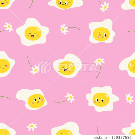 Fried eggs seamless pattern. Funny egg and chamomile flowers. Positive spring summer print for wallpaper design, fabric, children textile, nowaday vector background 139387656