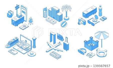 Isometric travelling concepts. Travel with bus, airplane, cruise ship journey. Outdoor seasonal vacations, tourism on ocean, airport check in, nifty vector scenes Isometric travelling concepts. Travel with bus, airplane, cruise ship journey. Outdoor seasonal vacations, tourism on ocean, airport check in, nifty vector scenes 139387657