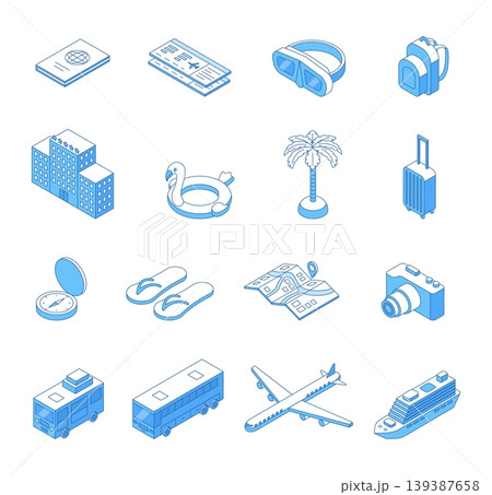 Isometric line travel icons. 3d line airplane, ship, buses. Isolated hotel building, summer swim accessories, suitcase. Tourism, leisure, vacations nifty vector set 139387658