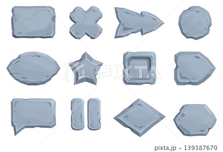Cartoon stone boards. Game menu, arrows and buttons. Isolated ui ux design panels, plank interface stoned elements. Pause, start, exit button sapid vector set Cartoon stone boards. Game menu, arrows and buttons. Isolated ui ux design panels, plank interface stoned elements. Pause, start, exit button sapid vector set 139387670