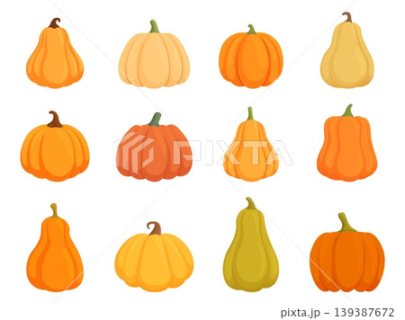Cartoon isolated pumpkins. Harvest pumpkin, healthy vegan food. Agriculture elements, autumn farm market products. Seasonal sapid vector clipart 139387672