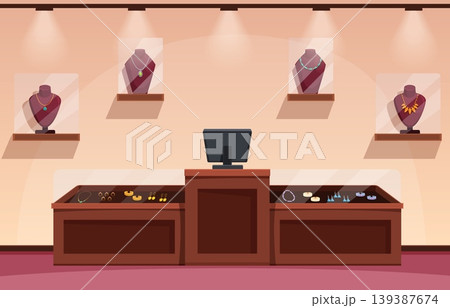 Cartoon jewelry store. Display case with precious gold and silver bracelets, earrings. Mannequins with necklaces and pendant chains. Sapid vector interior Cartoon jewelry store. Display case with precious gold and silver bracelets, earrings. Mannequins with necklaces and pendant chains. Sapid vector interior 139387674