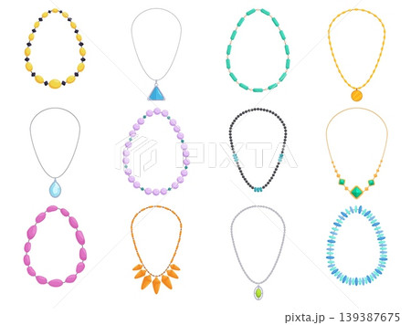 Cartoon female necklace. Gold silver necklaces, with beads and pendants. Neck jewelry decorations for girl, woman with gemstones, jewel sapid vector accessories Cartoon female necklace. Gold silver necklaces, with beads and pendants. Neck jewelry decorations for girl, woman with gemstones, jewel sapid vector accessories 139387675