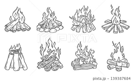 Doodle bonfire with logs. Outdoor fire flames with wooden elements. Camping fires, backyard resting area elements. Isolated hand drawn neoteric vector set 139387684
