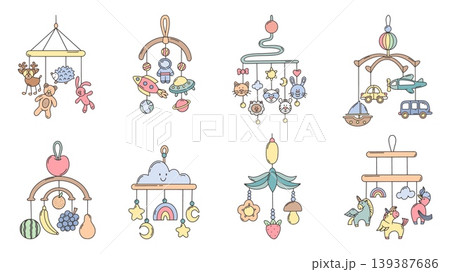 Doodle baby mobiles. Newborn bed accessories with hang toys. Unicorn, animal faces, fruits, space and nature elements for sleeping, neoteric vector clipart Doodle baby mobiles. Newborn bed accessories with hang toys. Unicorn, animal faces, fruits, space and nature elements for sleeping, neoteric vector clipart 139387686