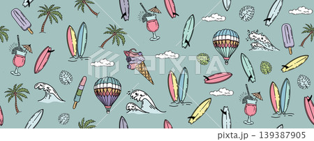 Summer pattern with surfboard, palm tree and wave, hand drawn illustration. Summer pattern with surfboard, palm tree and wave, hand drawn illustration. 139387905