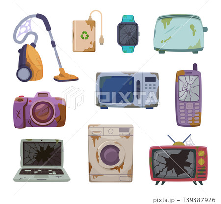 Electronic recycling. Broken and damaged electronic gadgets computer old components exact vector illustrations set in cartoon style 139387926