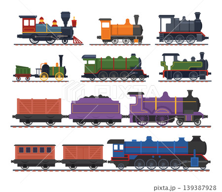 Retro trains. Steam railway old style transport exact vector cartoon illustrations Retro trains. Steam railway old style transport exact vector cartoon illustrations 139387928