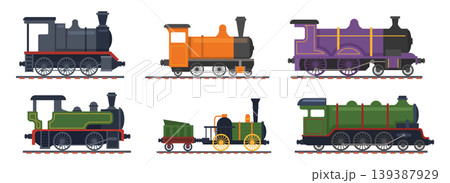 Steam trains. Vintage railway transport exact vector old style trains in cartoon style Steam trains. Vintage railway transport exact vector old style trains in cartoon style 139387929