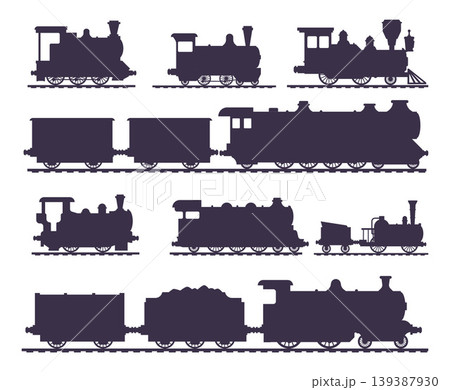 Steam trains. silhouettes of retro railway transport vector trains set Steam trains. silhouettes of retro railway transport vector trains set 139387930