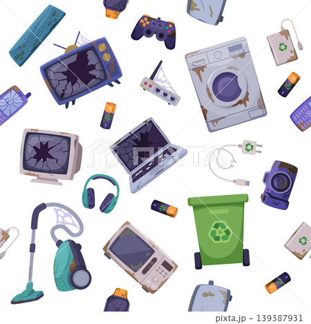Recycling old equipment. seamless pattern with old damaged smartphones and computers 139387931