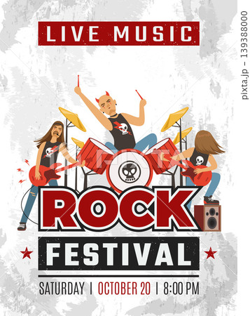 Rock poster. placard invitation for rock festival. template design with rock band musicians 139388000