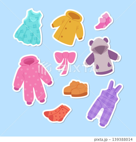 Baby clothes. sticky pictures of different clothes for kids. vector template Baby clothes. sticky pictures of different clothes for kids. vector template 139388014