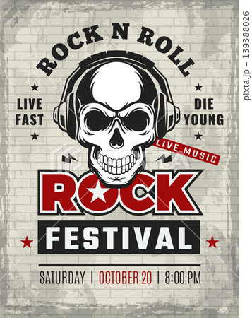 Rock festival. placard with skull in headphones. vector template Rock festival. placard with skull in headphones. vector template 139388026