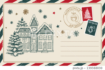 Vintage Christmas Postcard with Tree and houses and Stamps	 139388030