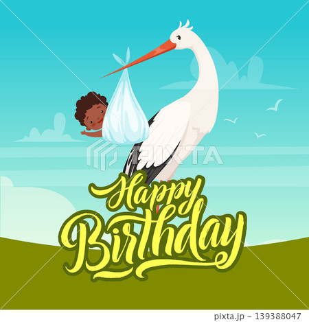 Birthday poster. stork holding newborn kid 139388047