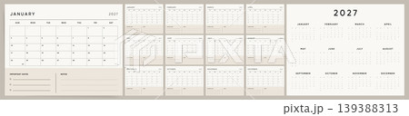 2027 Calendar Set. Horizontal Monthly Planner with Notes and Important Dates Section. Beige Desk and Wall Calendar Template, Yearly 12 Month Overview. Modern Minimalist Vector Design, Sunday Start 2027 Calendar Set. Horizontal Monthly Planner with Notes and Important Dates Section. Beige Desk and Wall Calendar Template, Yearly 12 Month Overview. Modern Minimalist Vector Design, Sunday Start 139388313