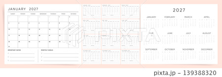 Monthly planner calendar template for 2027 year. Horizontal pink calendar with important dates and monthly goals for 2027 year. Wall calendar set for 2027 year with Sunday start. Monthly planner calendar template for 2027 year. Horizontal pink calendar with important dates and monthly goals for 2027 year. Wall calendar set for 2027 year with Sunday start. 139388320