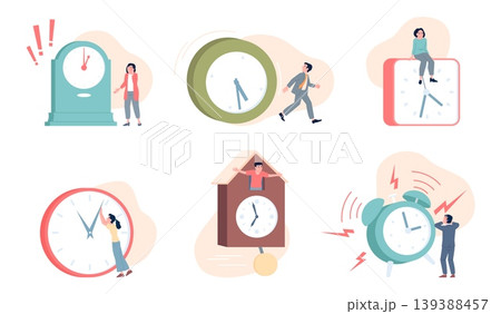People with giant clock. Time management and deadline. Business characters hurry and late, slow down watch hands, planning day, recent vector set 139388457