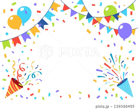 Popper party banner. Festival poppers, confetti, colorful ribbons, balloons and garlands with flags. Template design for certificate, diploma, tidy vector element 139388495